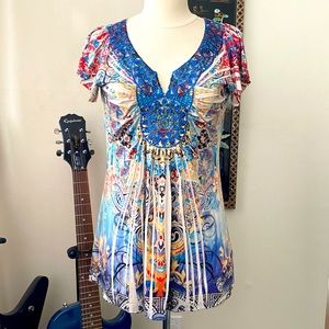 Apt. 9 Metallic Blue Kaleidoscope Print Short Sleeve Top. Size S.